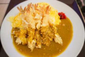 Japanese curry rice with shrimp tempura