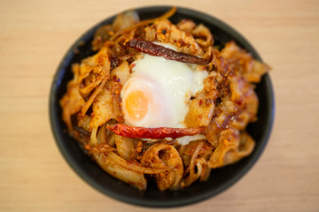 Pork sliced in red hot spicy Korean sauce rice bowl
