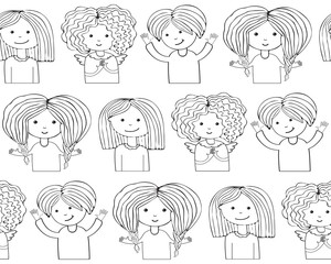Seamless pattern funny girls smiling. Continuous line, drawing of cute girl. Art line illustration. Sketch for your design. Female character in the vector. Hand drawn female avatar.