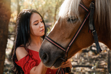Portrait of a young beautiful brunette woman holding a horse by the bridle. Sunlight