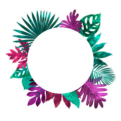 Fototapeta na wymiar Tropical leaves neon watercolor. Round frame from plants for text.
