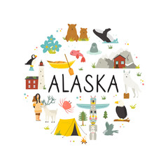Tourist poster with animals and landmarks of Alaska.