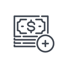 Add money to account line icon. Dollar notes with plus button vector outline sign.