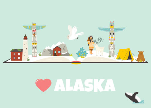 Tourist poster with animals and landmarks of Alaska.
