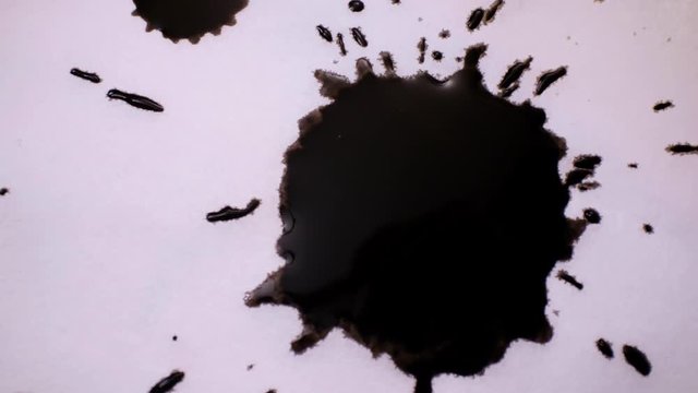 Splashing drops of black ink on white paper. Close up