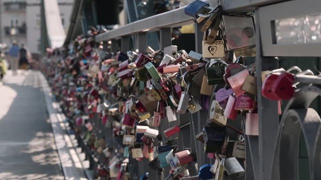 Close up of promise locks at Eiserner Steg bridge, Frankfurt, hessen, germany during daytime