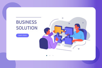 Business People Characters working Together and connecting Puzzle Pieces. Man and Woman assemble Jigsaw Puzzle. Team Metaphor and Business Solution. Teamwork Concept. Flat Cartoon Vector Illustration.