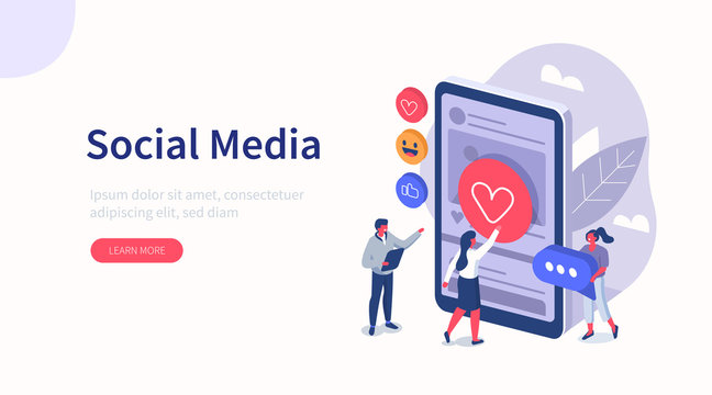 People Characters standing near Smartphone and looking at new Social Media Post. Woman and Man leaving Comments and likes for Photo in Mobile App. Flat Isometric Vector Illustration.