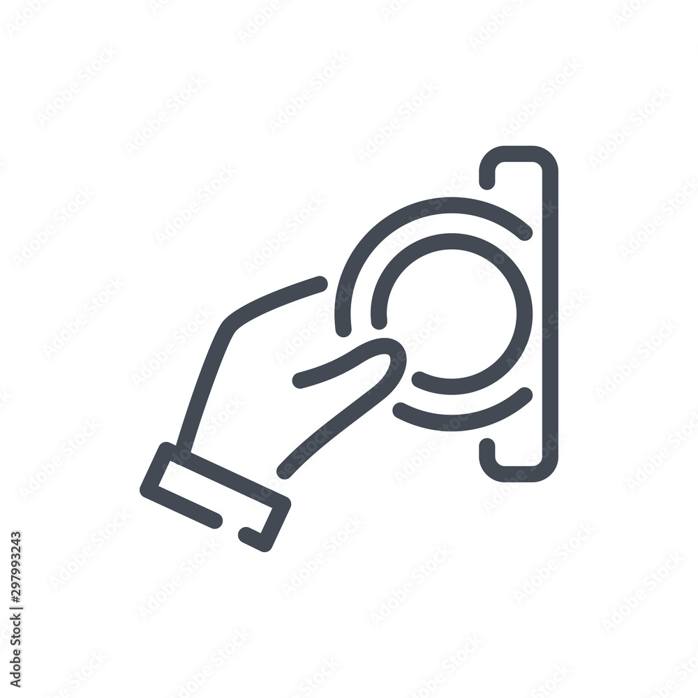 Poster insert coin line icon. hand inserting coin vector outline sign.