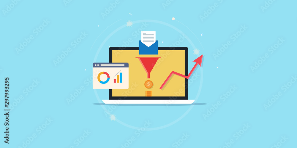 Aufkleber email marketing - conversion rate optimization - marketing funnel - data analytic concept. flat desi