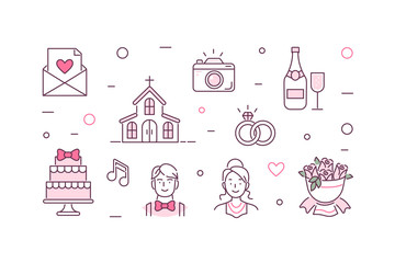 Wedding Decoration Elements. Celebration Objects Collection for Wedding Party. Bride and Groom Couple, Rings, Cake. Marriage Concept. Flat Cartoon Illustration and Line Icons set.