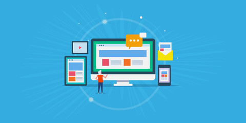 Digital branding on devices- internet marketing, social media, seo, advertising - online branding  concept. Flat design web banner template.