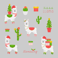 Christmas llama vector illustration set. Cute trendy festive seasonal xmas llama collection. Alpaca, cactus, writings and christmas tree. Isolated graphic print cartoon character.