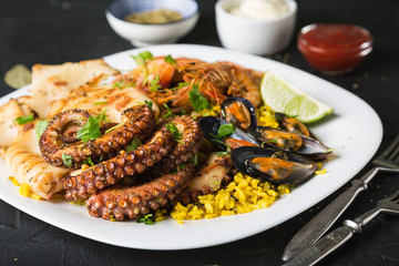 Seafood plate, squid, octopus, mussels, shrimp