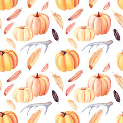 seamless pattern, pumpkins, feathers, horns on an isolated white background, watercolor painting, hand drawing wallpaper