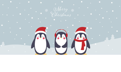 Merry Christmas - Geschenkkarte, Pinguine mit Mütze und Schal, Banner