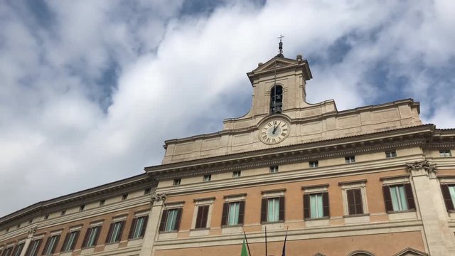 view of the facade of the Montecitorio Palace, seat of the Italian parliament in Rome