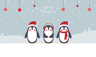 Merry Christmas - Geschenkkarte, Pinguin mit M&uuml;tze und Schal, Banner