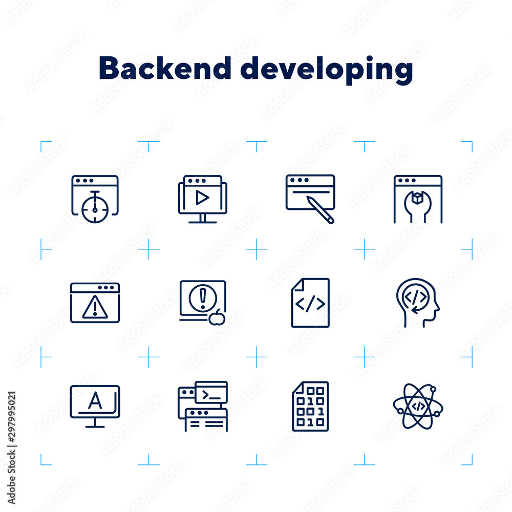 Poster backend developing line icon set. set of line icons on white background. technology concept. program