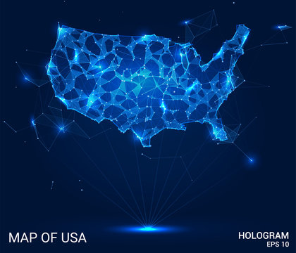 Hologram USA. Map of the United States of polygons, triangles of points and lines. Us map low poly connection structure. The technology concept.