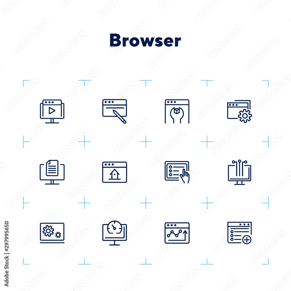 Aufkleber browser line icon set. window, settings, homepage. internet concept. can be used for topics like web