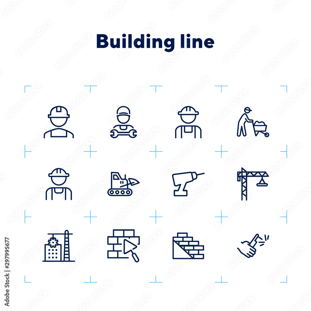 Poster building line icon set. set of line icons on white background. architecture concept. builder, wall, 