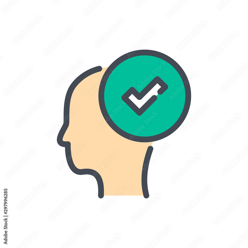 Poster head with check mark color line icon. pick a person vector outline colorful sign.