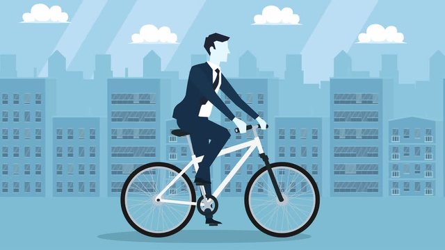 2d animation, bicycle, bike, blue, business, businessman, career, cartoon, character, city, concept, cycle, design, employee, fitness, flat, guy, healthy, illustration, job, lifestyle, man, manager, o