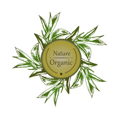 Emblem wreath green leaves with text for organic nature products, cosmetics, food and drink, healthy life. Vector hand drawn bio and ecology logotype label for print, card, wrapping. Vector EPS 10