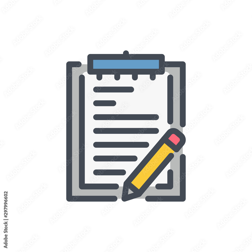 Poster clipboard with pencil color line icon. plan and task vector outline colorful sign.
