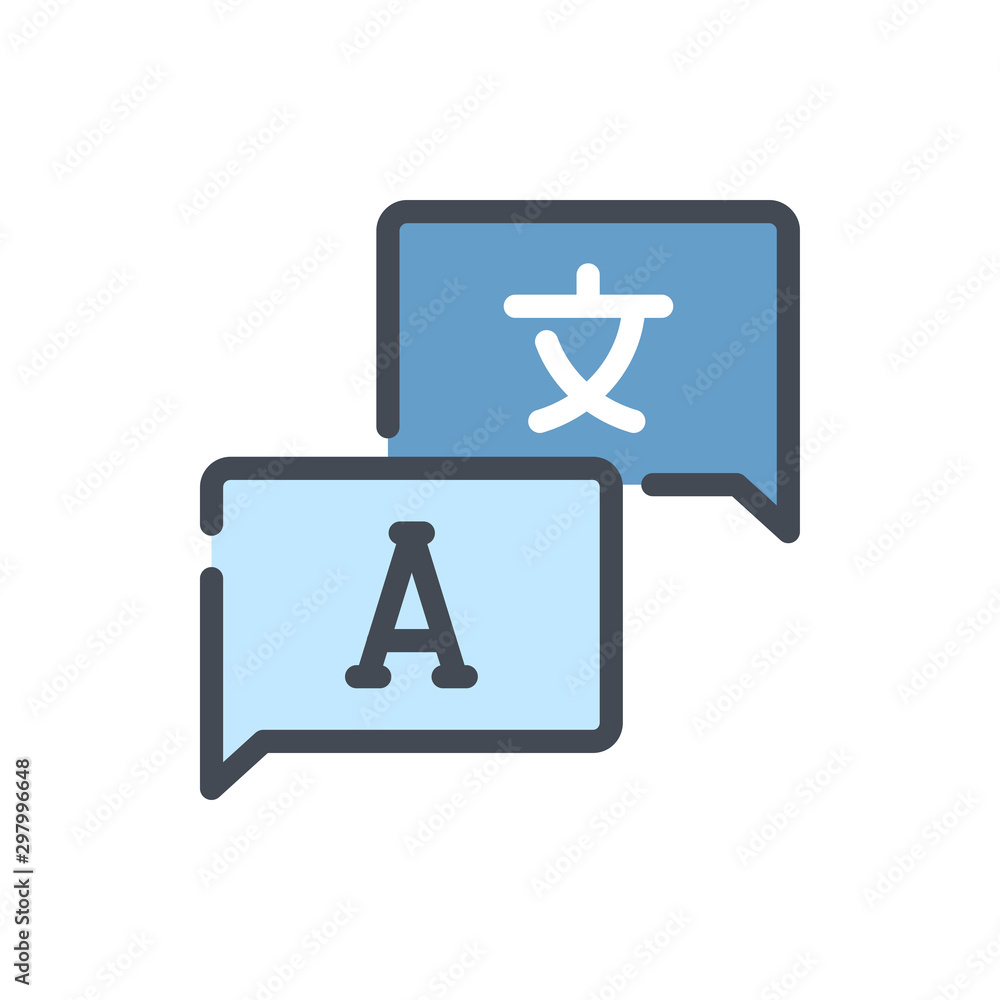 Poster language translation color line icon. message chat boxes with conversation in different languages ve