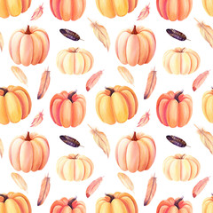 seamless pattern, pumpkins, feathers  on an isolated white background, watercolor painting, hand drawing wallpaper