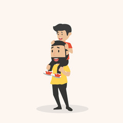 Happy Father Carries with son on Shoulders