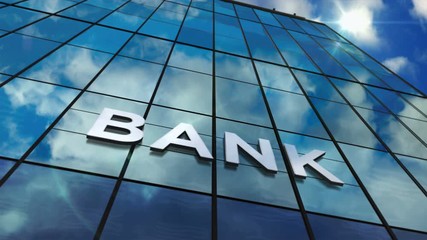 Bank sign on glass skyscraper. Time lapse sky and sun rays mirrored in modern building facade. Business and finance concept in loopable and seamless 3D rendering animation. - Powered by Adobe
