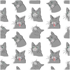 Obraz premium Funny gray cats seamless animal pattern. Flat vector pet lover design.