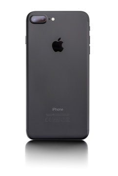 UZHGOROD, UKRAINE - DECEMBER 15, 2016: New black iPhone 7 Plus from the company Apple on a white background, studio photo, on December 15, 2016 in Uzhgorod, Ukraine.