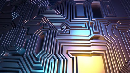 3D Rendered looping abstract background animation.  Flying over panel of microchips. Labyrinth. Yellow and blue graded colors