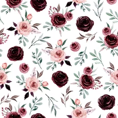 Fotobehang Bordeaux Naadloze achtergrond, bloemmotief met aquarel bloemen roze en bordeauxrode rozen. Herhaal stof behang print textuur. Perfect voor ingepakt papier, achtergrond.