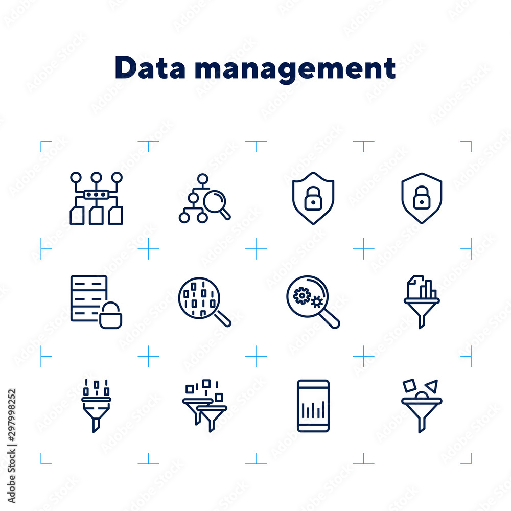 Poster data management line icon set. connection, technology, searching. database concept. can be used for 