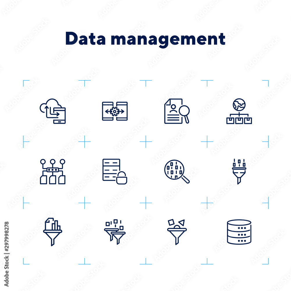 Poster data management line icon set. binary code, structure, storage, filter. information technology conce