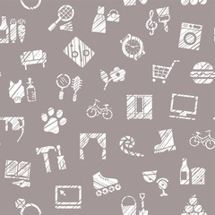 Shops, seamless pattern, monochrome, hatching, gray, vector. Different product categories. Imitation of pencil hatching.   