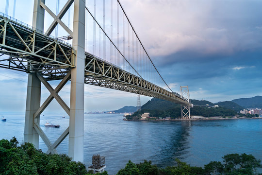 View of Kanmon Channel and Kanmon Bridge in JAPAN.