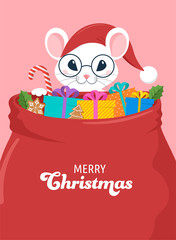 Santa Mouse, Chinese New Year and Merry Christmas concept design. Vector illustration in flat style