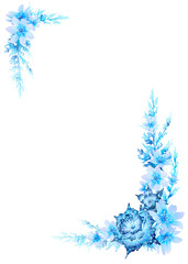 Fantasy winter square frame of blue abstract stylized flowers, leaves, herbs and branches hand drawn in watercolor isolated on a white background. Winter illustration. Fantasy floral frame