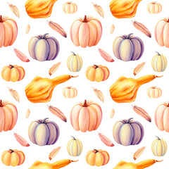 seamless pattern, pumpkins, feathers  on an isolated white background, watercolor painting, hand drawing wallpaper
