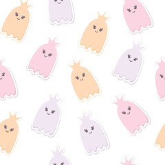 Obraz premium Cute Halloween Seamless Pattern of Flying Little Ghosts with a Crown. Nursery room wallpaper, kids background. Pastel colors smiling Cartoon character isolated on white.