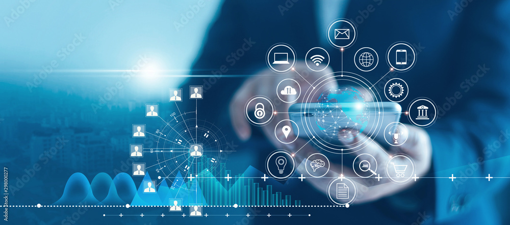 Aufkleber Businessman using mobile smartphone and icon network connection data with growth graph customer, digital marketing, banking and payment online, analysis and planning of business.