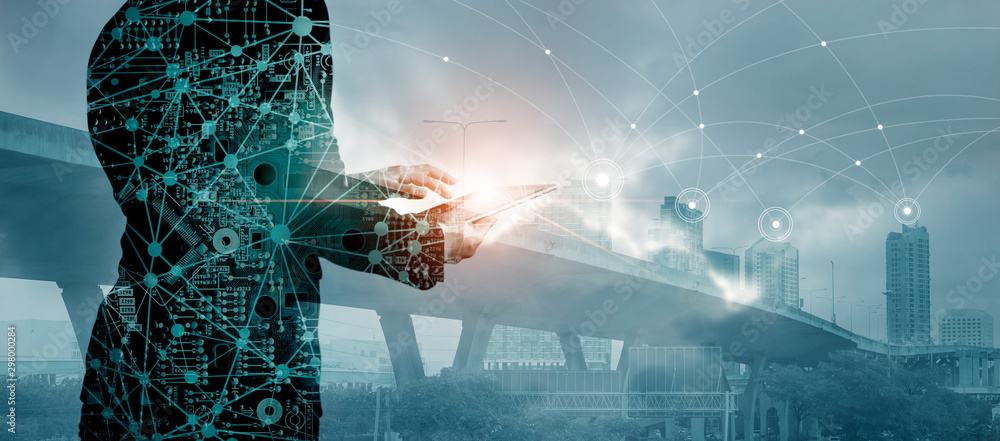 Poster Double exposure, Circuit board server, Businessman using tablet with global network and data exchanges customer network connection on city background, Business innovation and technology concept.