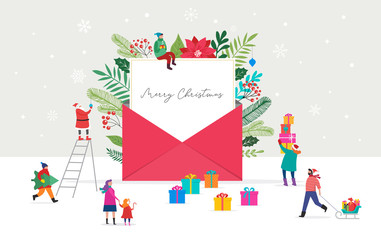 Christmas letter coming out of envelope. Blank white paper for writing Xmas message. Vector illustration