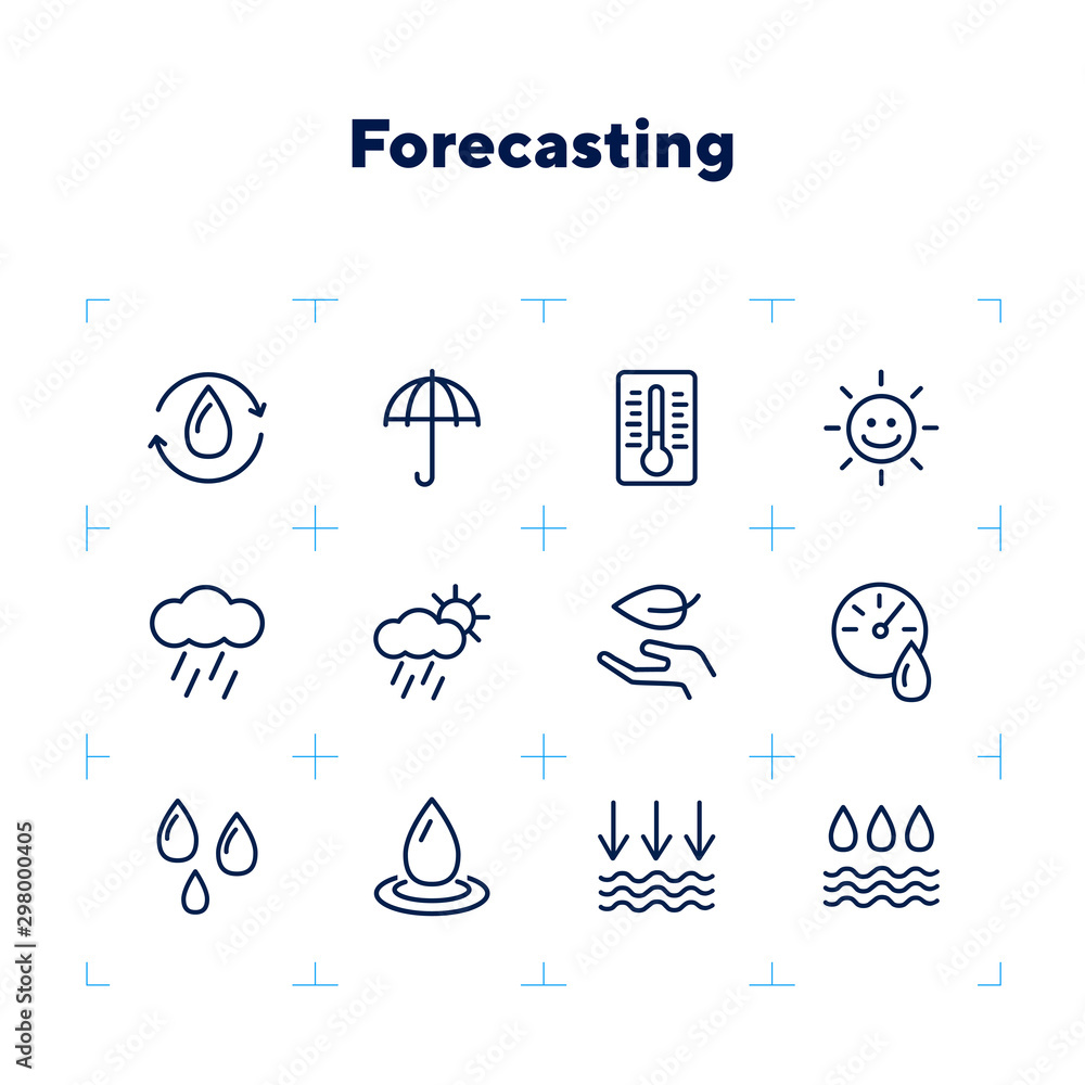 Poster forecasting line icon set. set of line icons on white background. environment concept. rain, cloud, 